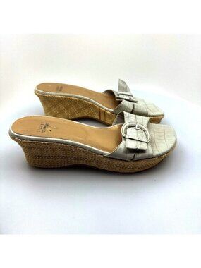 Stuart Weitzman 8.5 M Wedge Sandals Raffia Croc Embossed Leather Shoes Heels